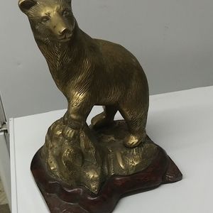 Vintage Brass Bear on cherry oak base